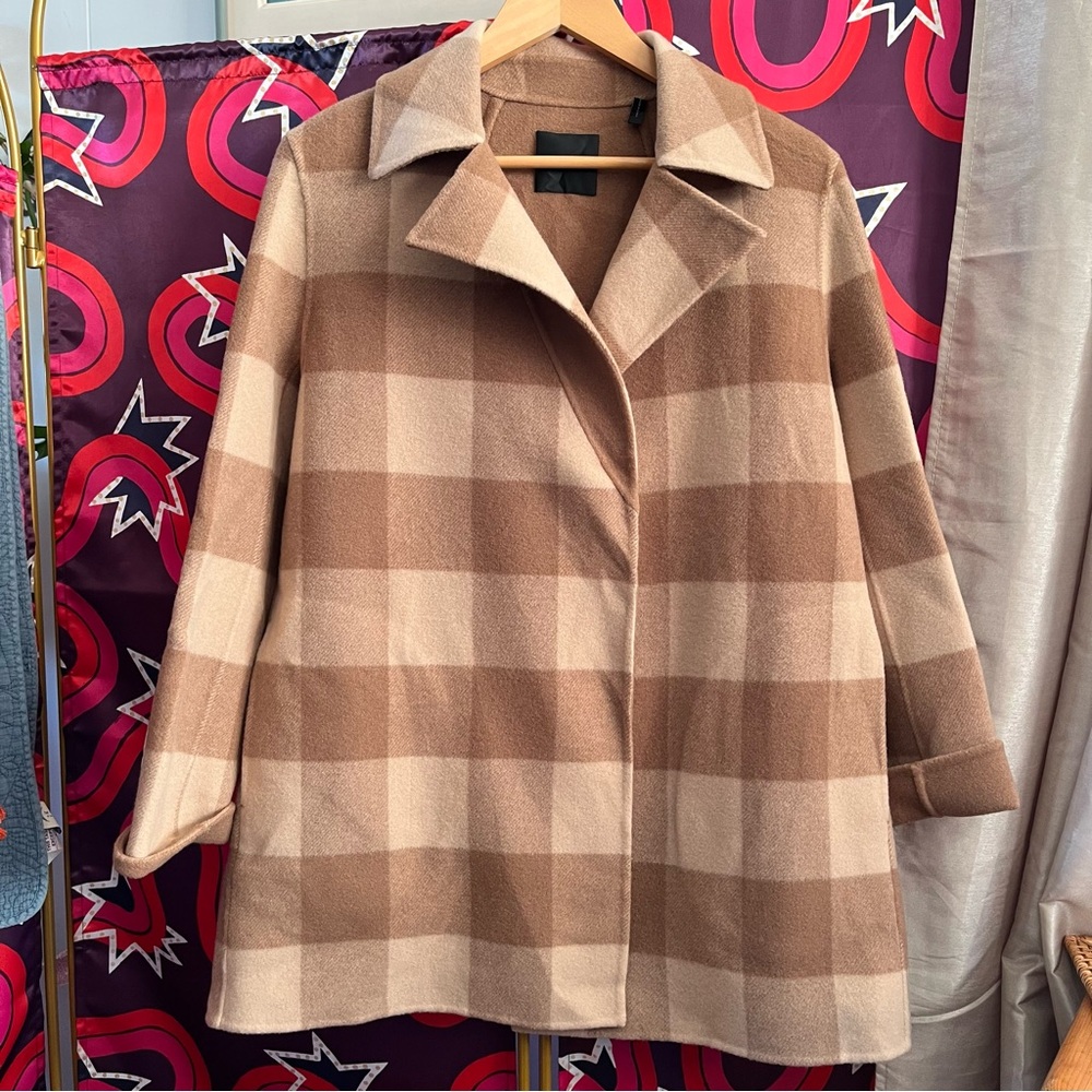 Theory Double-Faced Check Overlay Coat Camel Plaid Multi Check Wool Felt Open - Picture 3 of 14